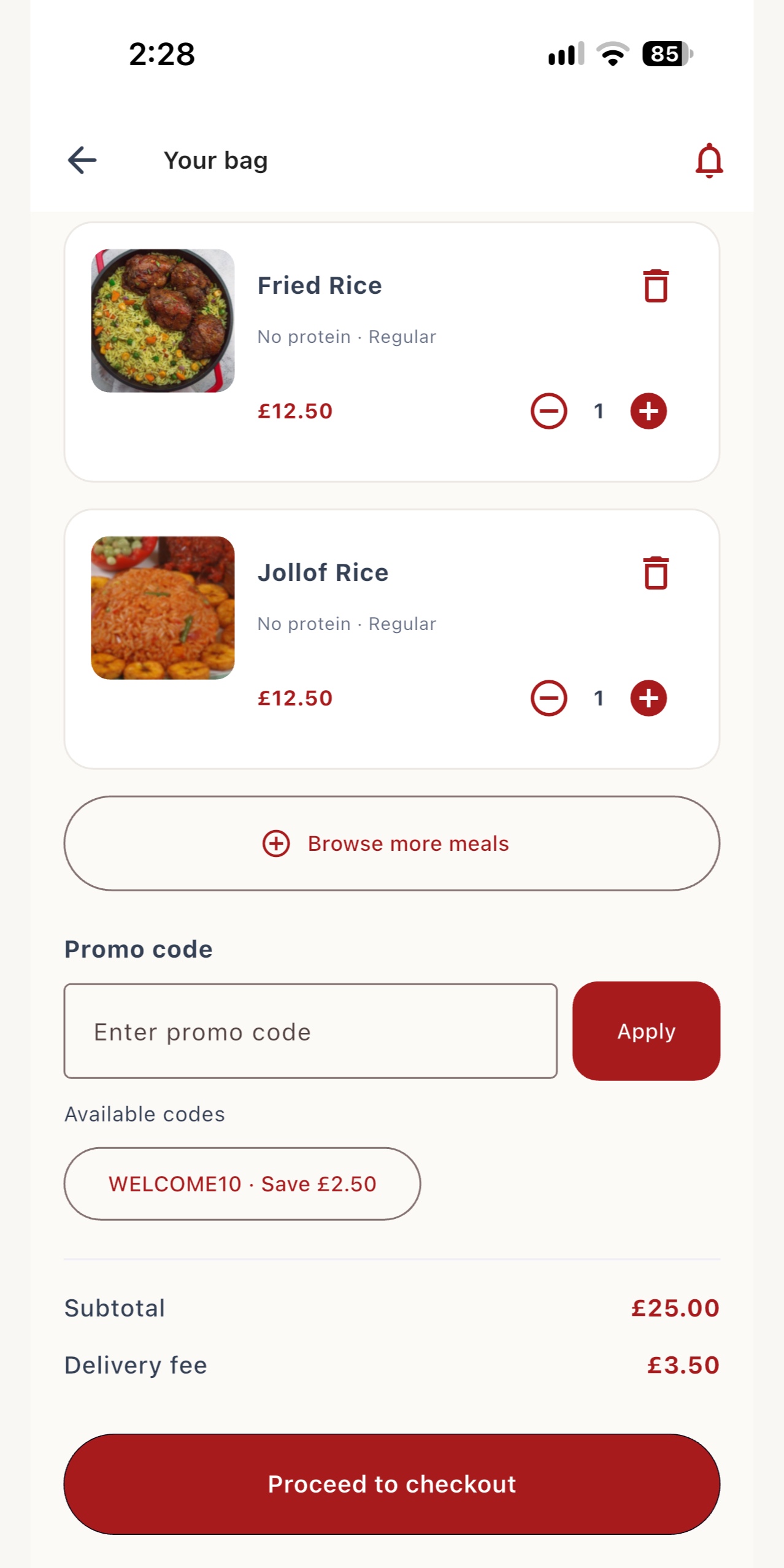 Cuisingo bag and checkout screen